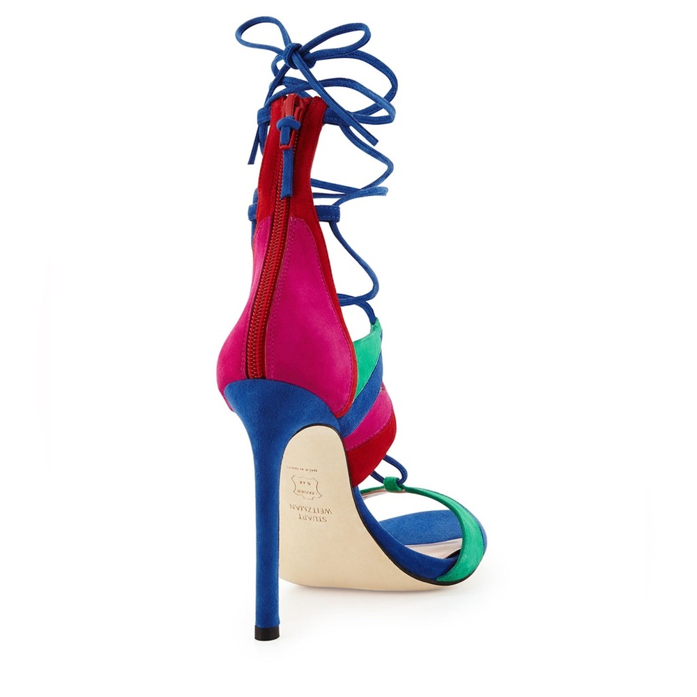 NWOB Stuart Weitzman Legwrap Song Suede Colorblock Lace Up Strappy Heels - Picture 7 of 13